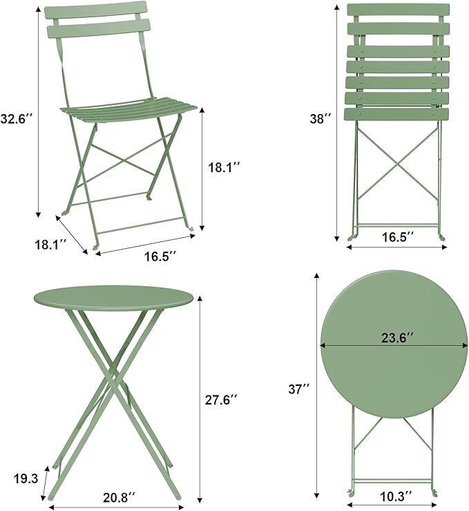 Bistro Table and Chairs Set of 2, 3 Piece Outdoor/Indoor Folding Patio Bistro