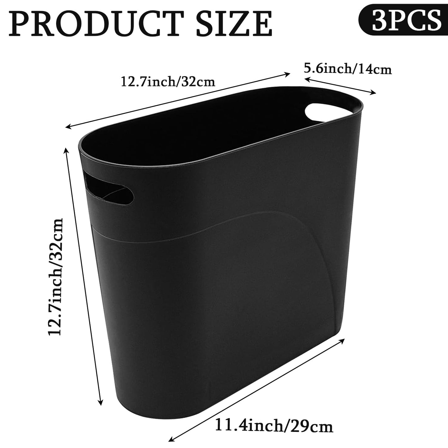 3 Pack Slim Waste Basket 3.2 Gallon Narrow Office Trash Can, Plastic Bathroom Wastebasket Slim Garbage Can Container Bin with Handle for Narrow Spaces Bathroom Bedroom Kitchen Office at Home, Black