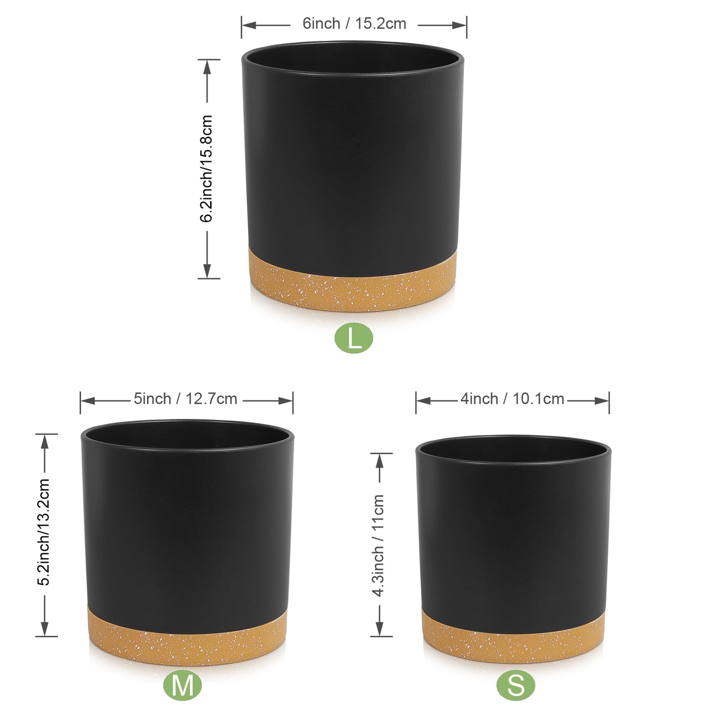 WSMKSZ 3 Pack 6/5/4 inch Cylindrical Flower Pots, Modern Small Round Plastic Plant Pots with Drainage Holes & Saucers, Clean and Refined Planter Pots for Outdoor, Indoor & Office Decor (Black Brown)