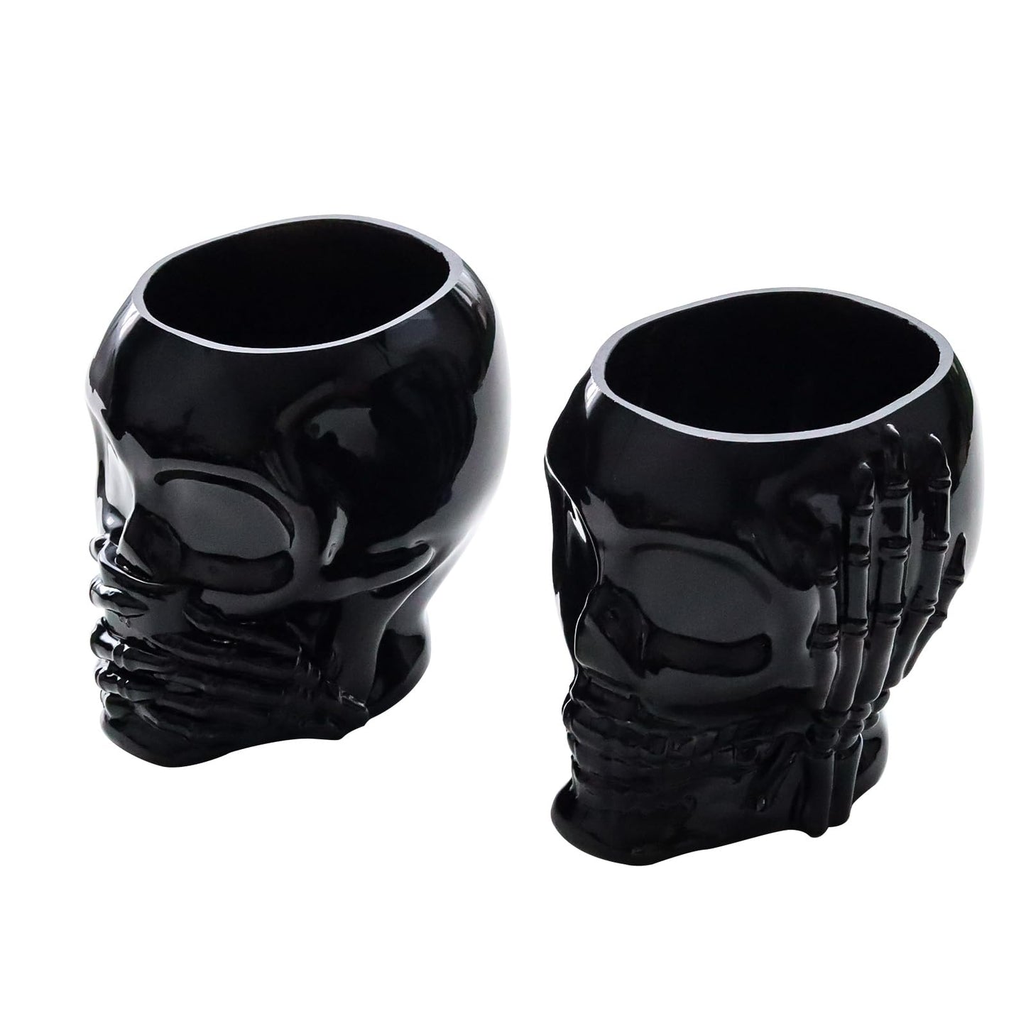 Set of 2 Gothic Home Decor, See No Evil Speak No Evil Skeleton Makeup Brush Holder, Black Skull Pen Holder & Succulent Planter - Cool Desk Accessories for Men & Women, Spooky Halloween Room Decor Gift
