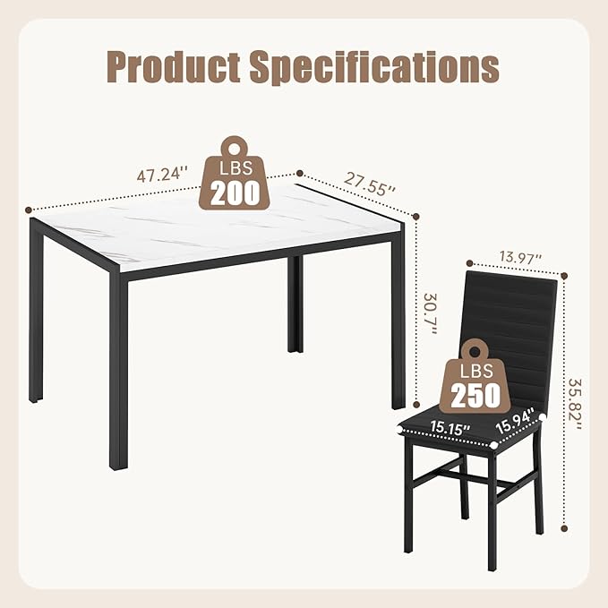 Recaceik Dining Table Set for 4, Modern 5 Piece Dining Table Set Faux Marble