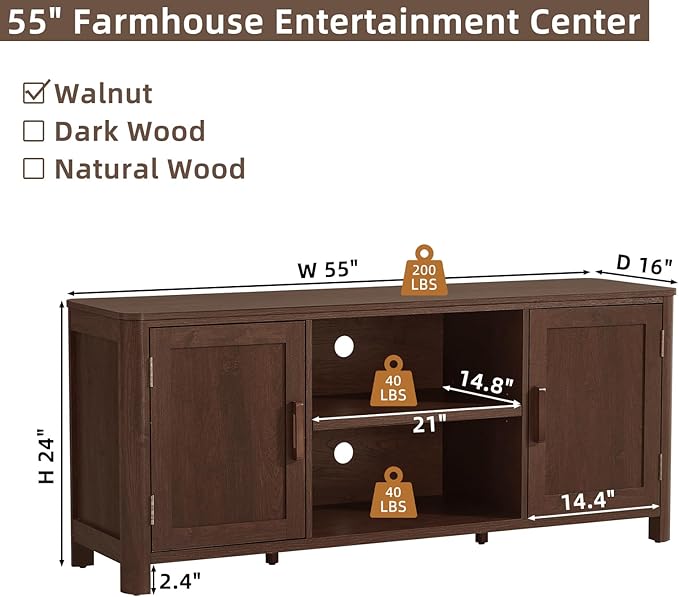 Joaxswe Farmhouse 55" Entertainment Center, Walnut Tv Stand