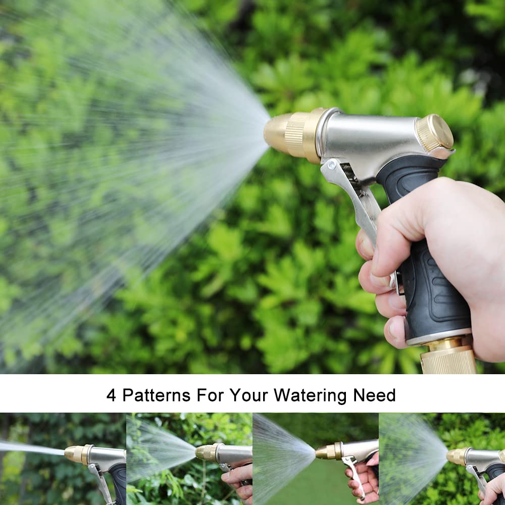 FANHAO Garden Hose Nozzle, 100% Heavy Duty Metal Spray Nozzle High Pressure Water Nozzle with 4 Patterns for Watering Garden, Washing Cars and Showering Pets - Full Brass Nozzle & Non-Slip Grip
