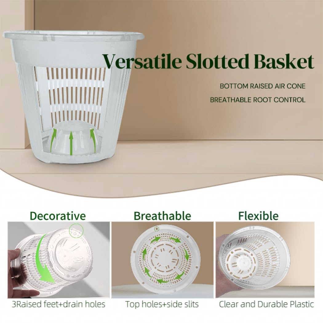 MUZHI Ceramic Orchid Pot with Holes and Drainage Tray Set of 2,(5+6 Inch), Double Layer Orchid Planter with Clear Plastic Inner Net Baskets Pots for Repotting (Lt Yellow)