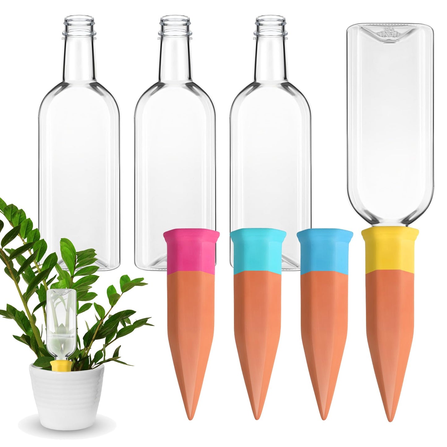 Ziliny Plant Watering Devices Include Terracotta Watering Spikes 17 oz Plastic Automatic Plant Waterer Clear Wine Bottle for Indoor Outdoor Garden(8 Pcs)
