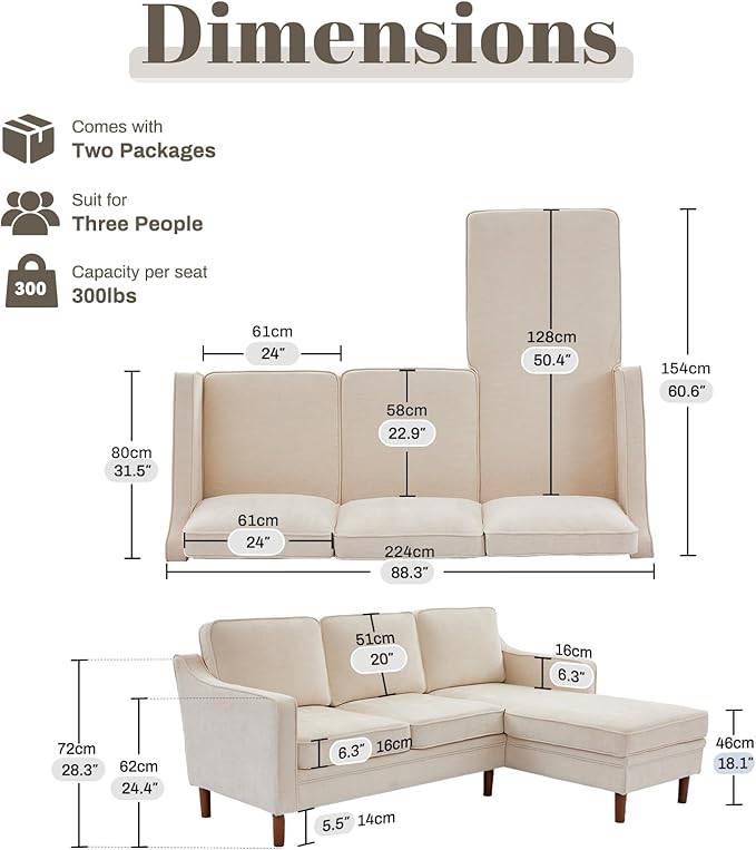 Kingfun 88" L-Shape Sofa, Chenille Sectional Couch, Mid Century Modern Couches