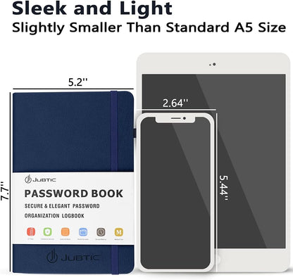 JUBTIC Password Keeper Book with Alphabetical Tabs. Medium Size Password Book for Seniors, Internet Website Address Log in Detail. Hardcover Password Notebook for Home Office, Navy Blue