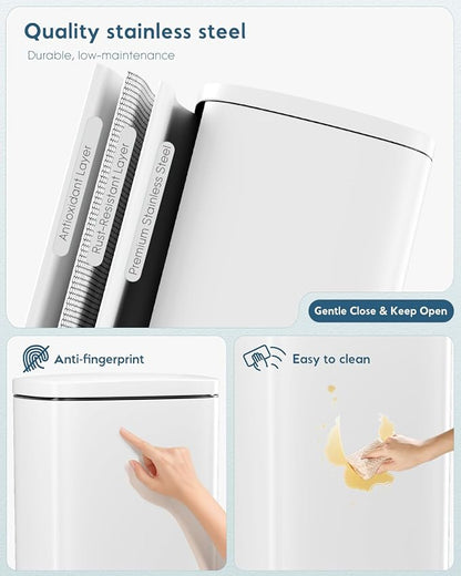Arlopu 8 Gallon Step Trash Can, Stainless Steel Garbage Bin, Soft-Close Rubbish Bin with Removable Plastic Inner Bucket, Fingerprint-Proof, Lid Dustbin, Suit for Kitchen Home (White, 30L)