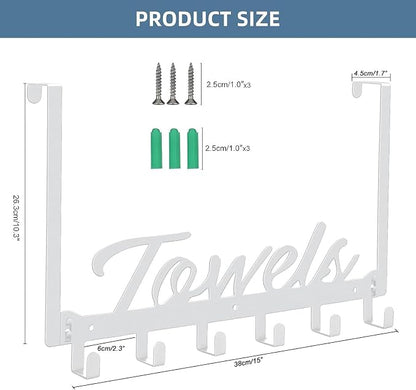 Azmoncy Over The Door Hooks - Wall Mount Towel Hanger with 6 Hooks for Bedroom Bathroom Kitchen Towels, Bag, Coats, Hats - White