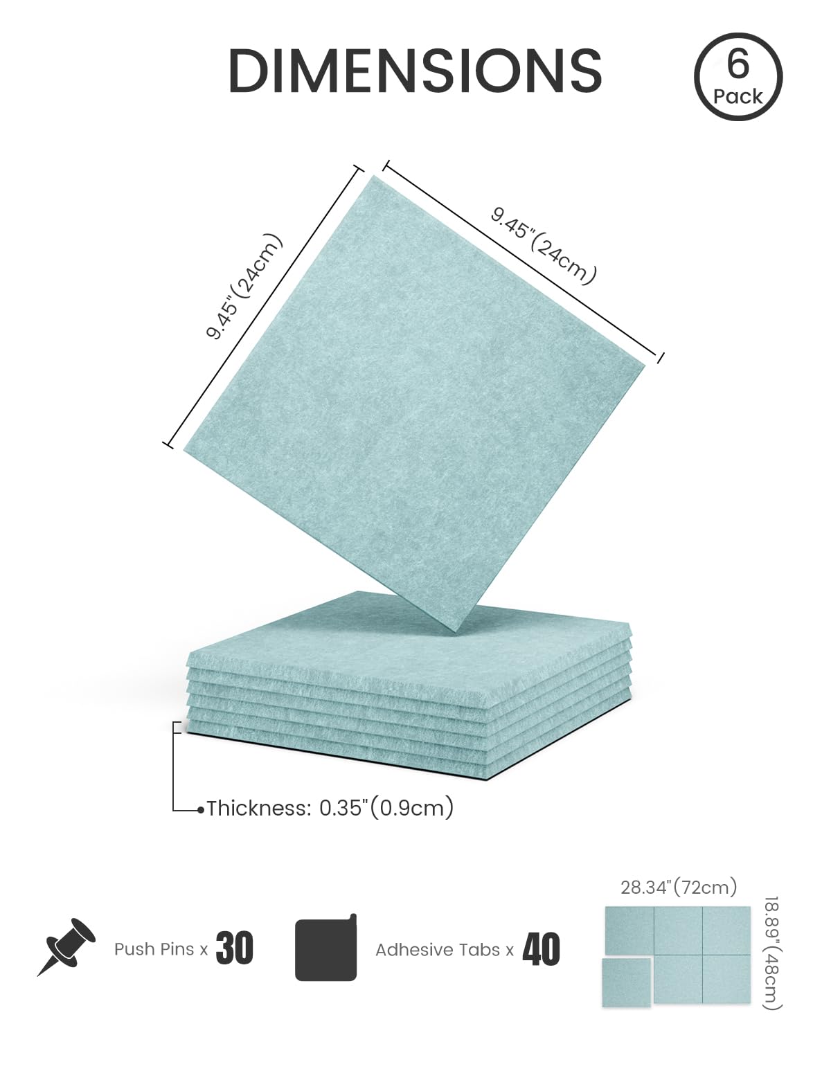 Felt Bulletin Board Tiles -28"x18" Cork Board Alternative for Office Decor, Push Pin Board Wall Organizer 6-Pack -Seafoam Blue