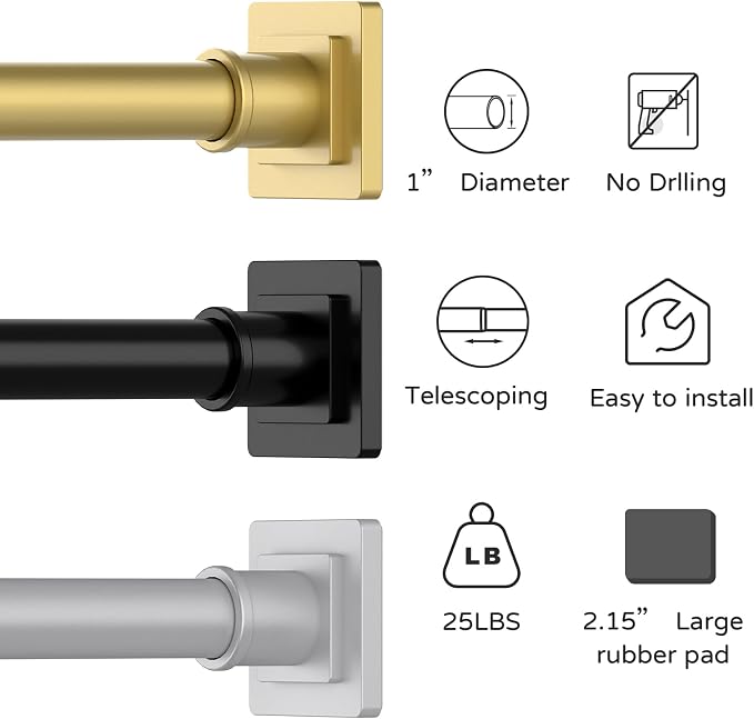 UIOSANRT Gold Shower Curtain Rod 35-66 Inches Non-Slip Shower Rod Tension Mounted No Drill , Adjustable Tension Curtain Rod for Windows Bathroom