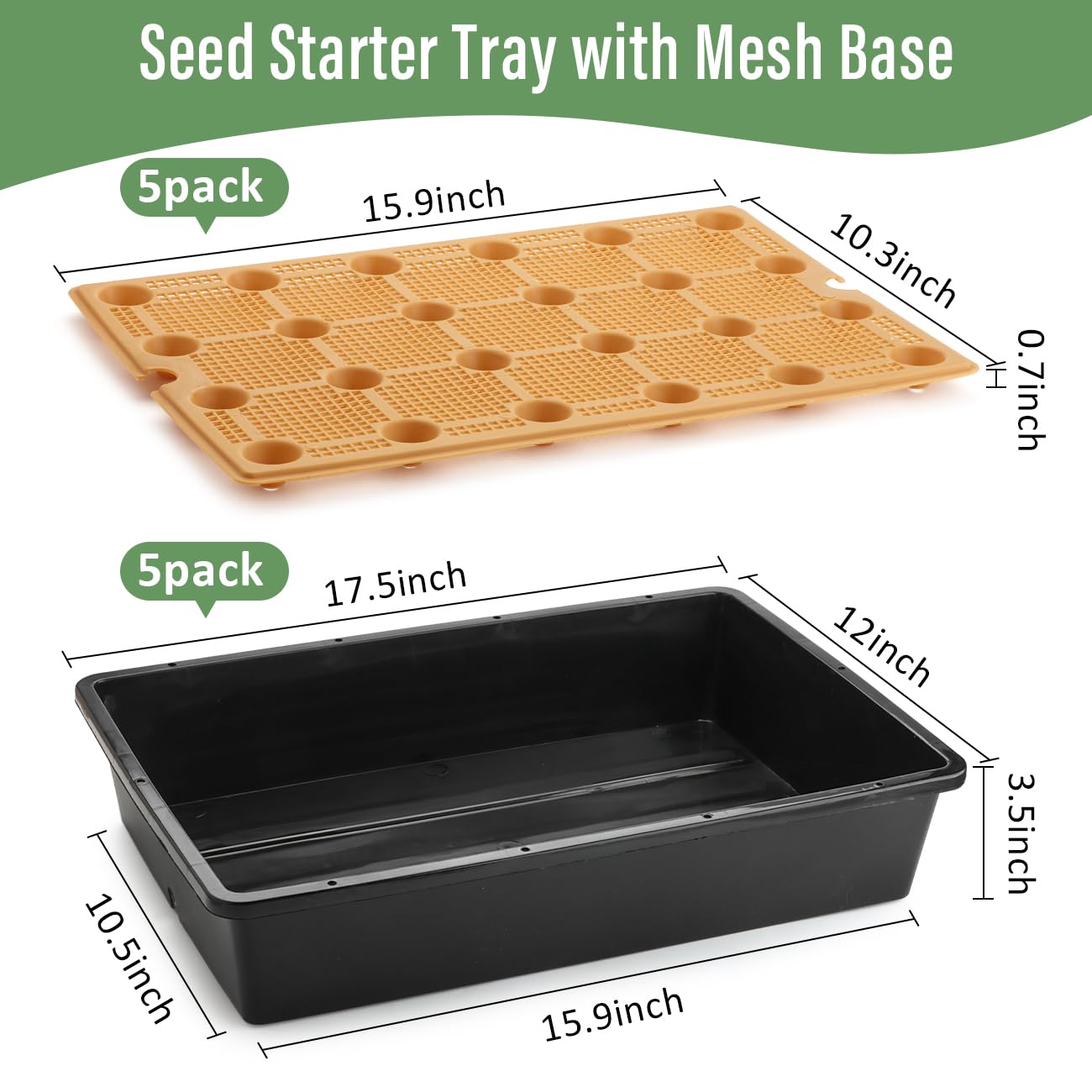 5 Pack Nursery Pots Trays with Removable Mesh Drainage Mat, Plastic Seed Starter Trays (17"x12"x3.5") with Drainage Hole, Propagation Kit for Seedlings, Microgreens, Plant Germination (Black)