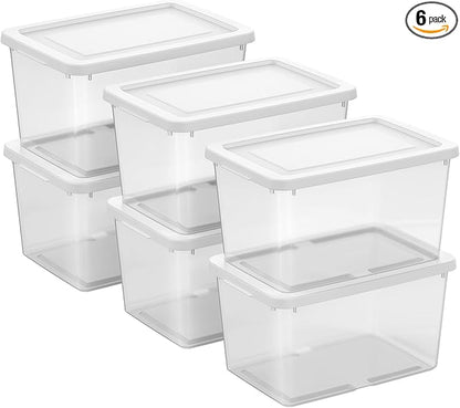 Sterilite 6-Pack Clear Storage Box, Stackable Container Bins with Lids, 20 Qt, White – Plastic Containers for Home, Closet, Bathroom, Classroom, and Office Organization