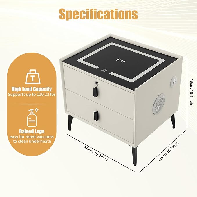 Smart Nightstand with Charging Station, Adjustable LED, USB Ports, Fingerprint