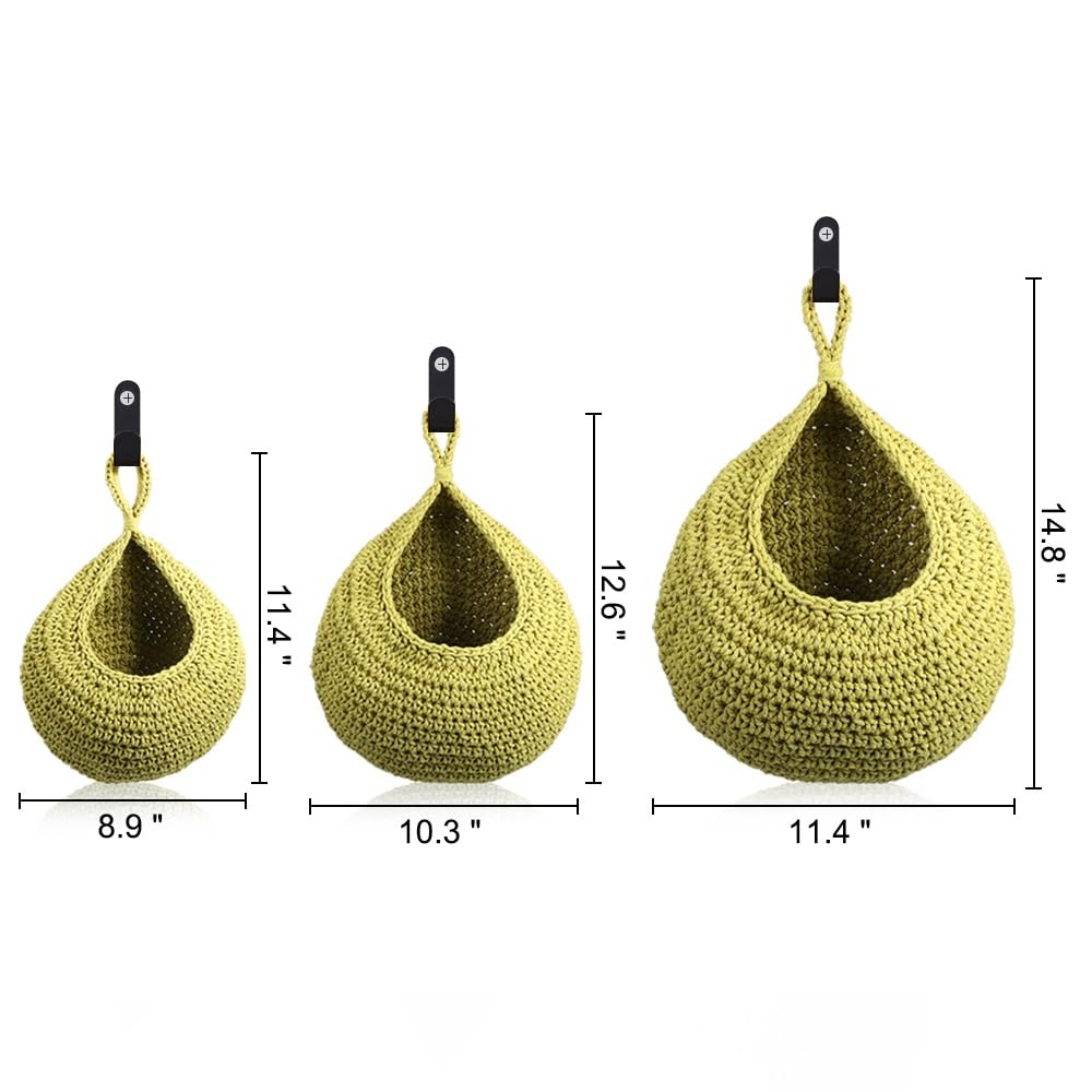 LucyPhy Hanging Storage Basket Set of 3 Sizes - Cotton Rope Organizer with Hooks for Home, Kitchen, Bathroom & Wall