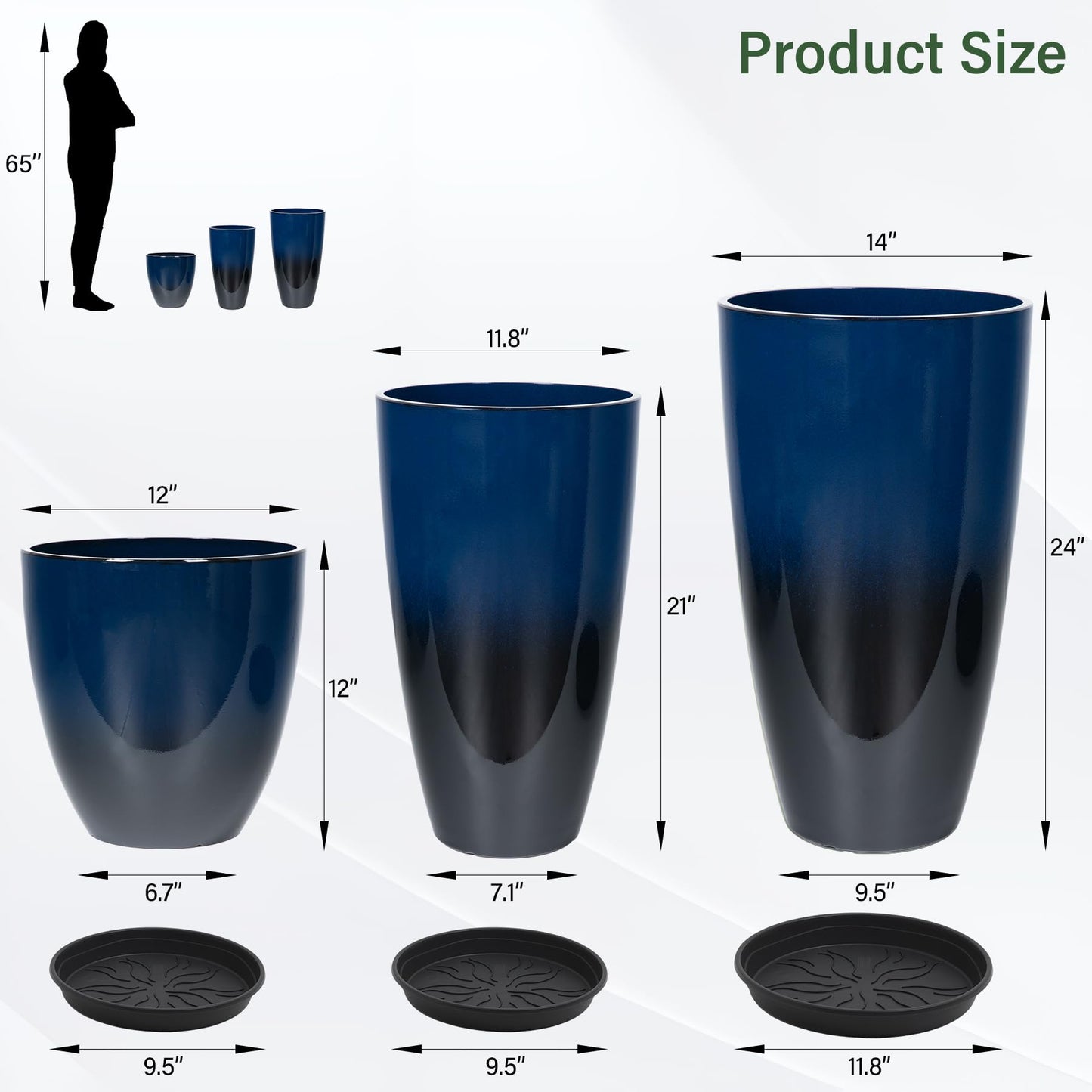 Neoaider 24/21/12 Inch Large Plastic Planter, Lightweight Ceramic-Look Tall Planters with Drain Hole & Saucers, Tall Plastic Planters for Porch, Garden, Patio, Balcony(Dark Blue)