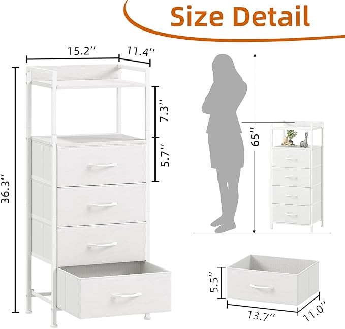 Somdot White Nightstand with 4 Drawers, Vertical Storage Tower Fabric Dresser