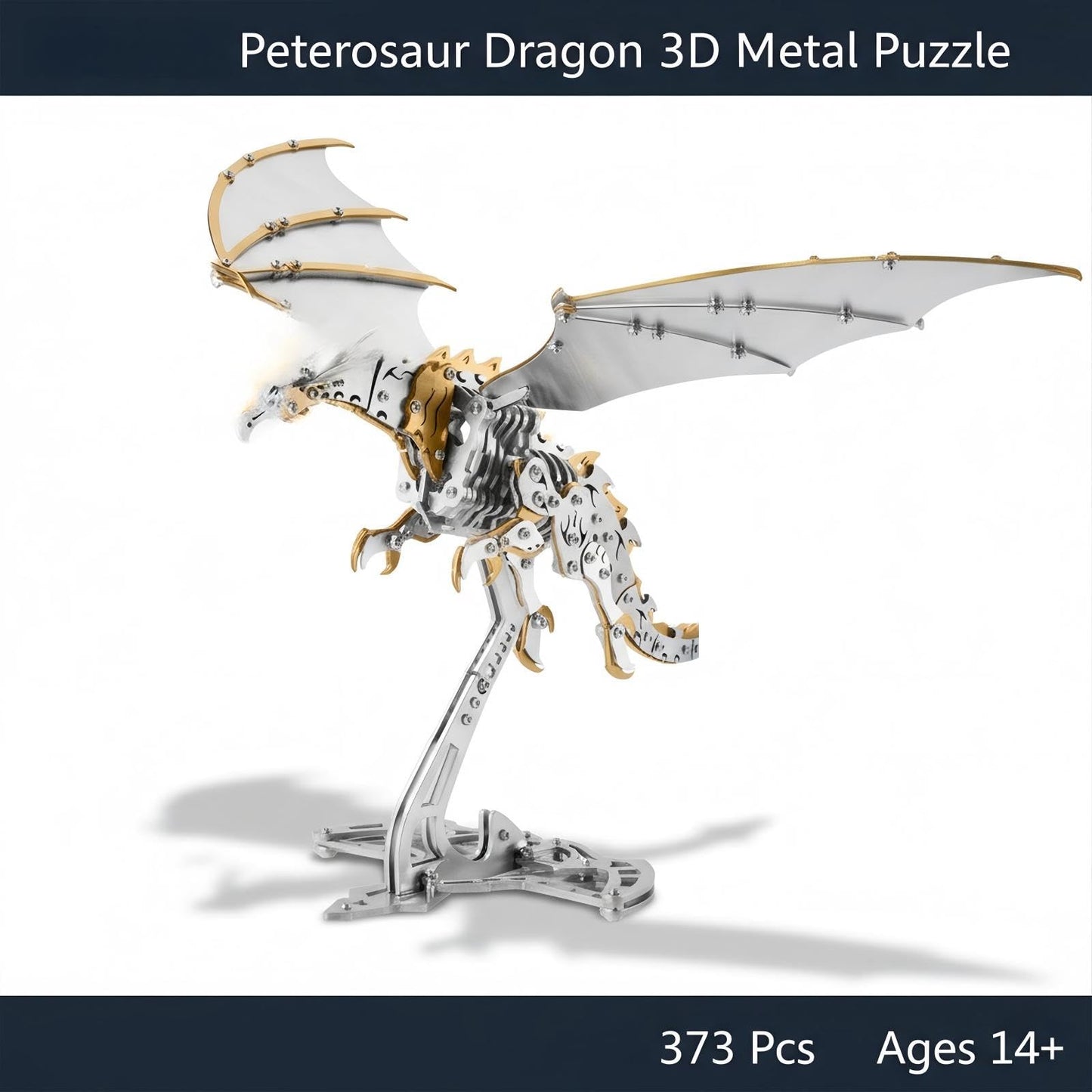 Dragon 3D Metal Puzzles for Adults, 373PCS Stainless Steel DIY Mechanical Metal Model Kits,No Glue Assembly with Movable Joints,Challenging Desk Decor Gift(Golden Silver Dragon)