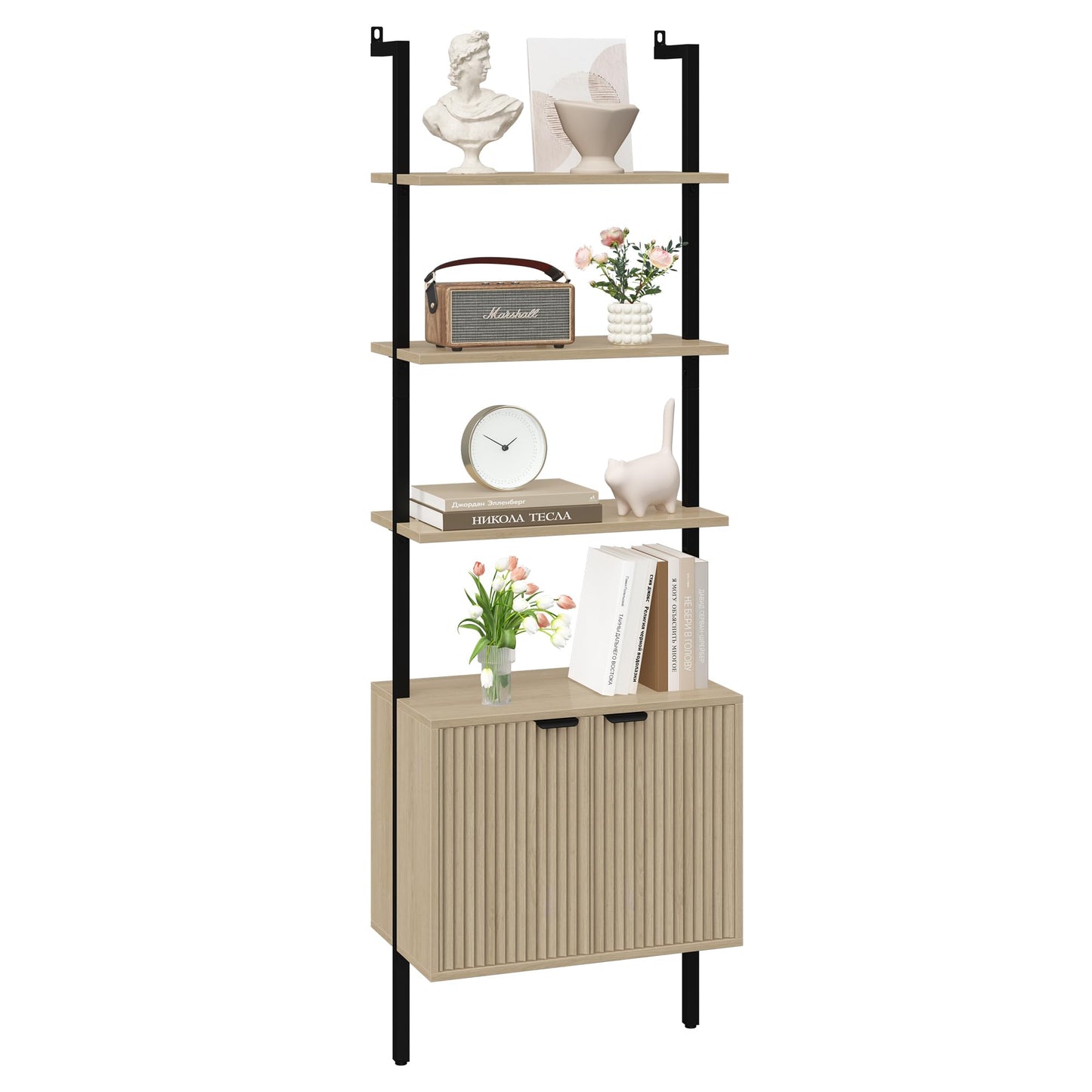 Yusong 73" Tall Bookshelf with Cabinet, Industrial Ladder Wall Mount Shelf Bookcase with Wood and Metal Frame, Plant Shelf Wall Storage Display for Living Room Bedroom, Wavy Light Ivory