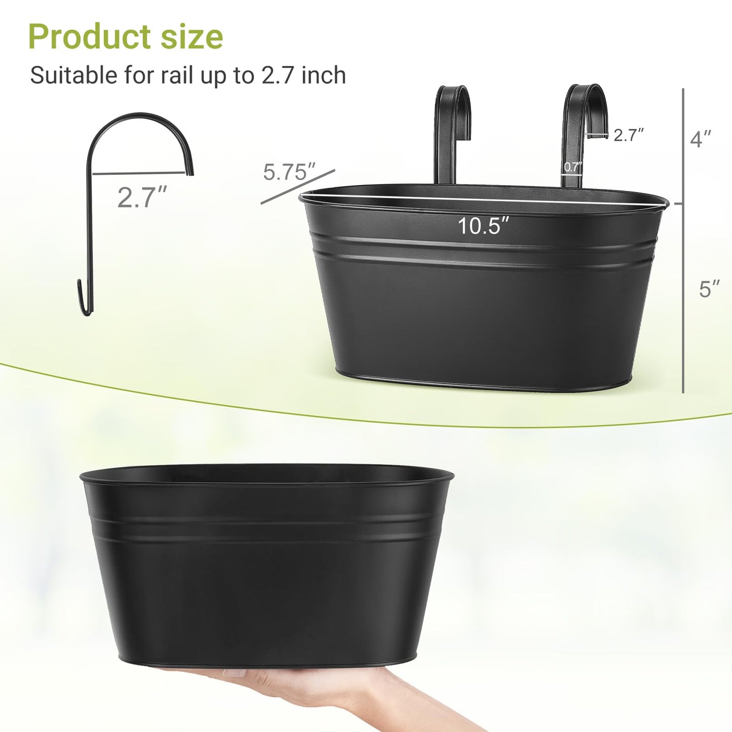 Dahey 10.5 Inch Metal Iron Hanging Flower Pots for Railing Fence Hanging Bucket Pots Countryside Style Window Flower Plant Holder with Detachable Hooks Home Decor,Black,3 Pcs