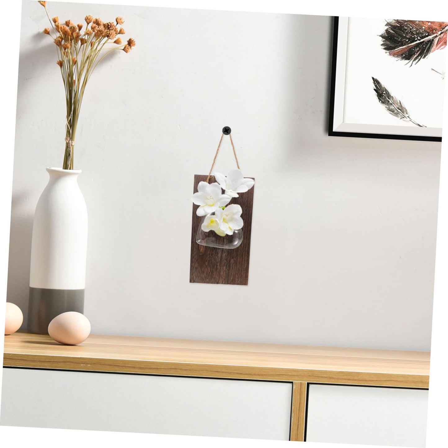 Anneome 1set Hydroponic Flower Vase Wooden Stand for Desktop Decor Wall Hanging Glass Planter for Indoor Plants for Home Office and Terrarium Arrangement