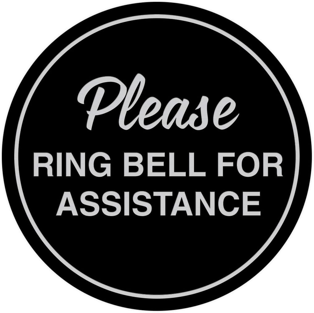 Signs ByLITA Circle Please Ring Bell For Assistance Wall or Door Sign | Easy Installation | Front Desk Reception Sign (Black/Silver) - Small (10 Pack)