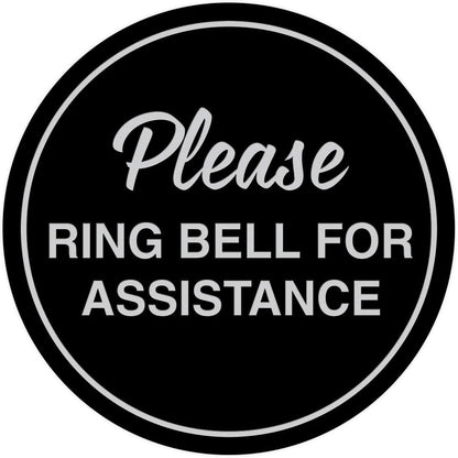 Signs ByLITA Circle Please Ring Bell For Assistance Wall or Door Sign | Easy Installation | Front Desk Reception Sign (Black/Silver) - Medium (5 Pack)