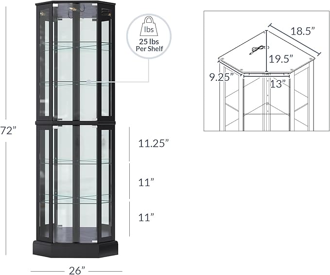 BELLEZE Lighted 3-Side Glass Display Curio Cabinet