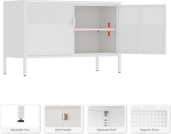 Metal Storage Cabinet, 2 Door TV Stand, Metal Mesh Accent Cabinet, Magnetic