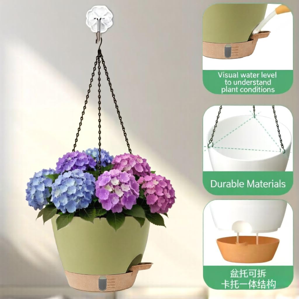 moniko Plant Pots 12/10/9/8 Inch Self Watering Pots, Plastic Flower Pots with Multi Mesh Drainage Holes and Water Level， Nursery Planting Pot for Indoor Out Door Plants（Green）