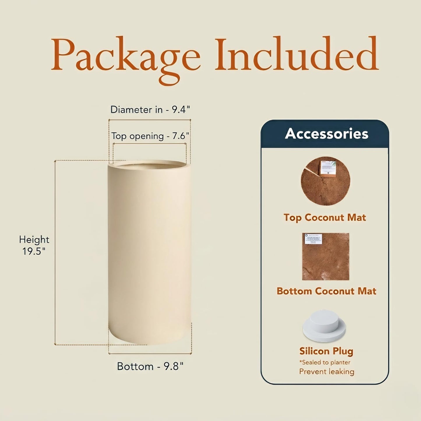 KUTE NEST 19.5" H x 9.8" D Premium Tubo Fiberstone Cylinder Tall Planter with Drainage Hole, Smooth Finishes, Weather Resistant, Included 2 Extra Coco Mats (Kilim Beige, 8.2" Pot Opening)