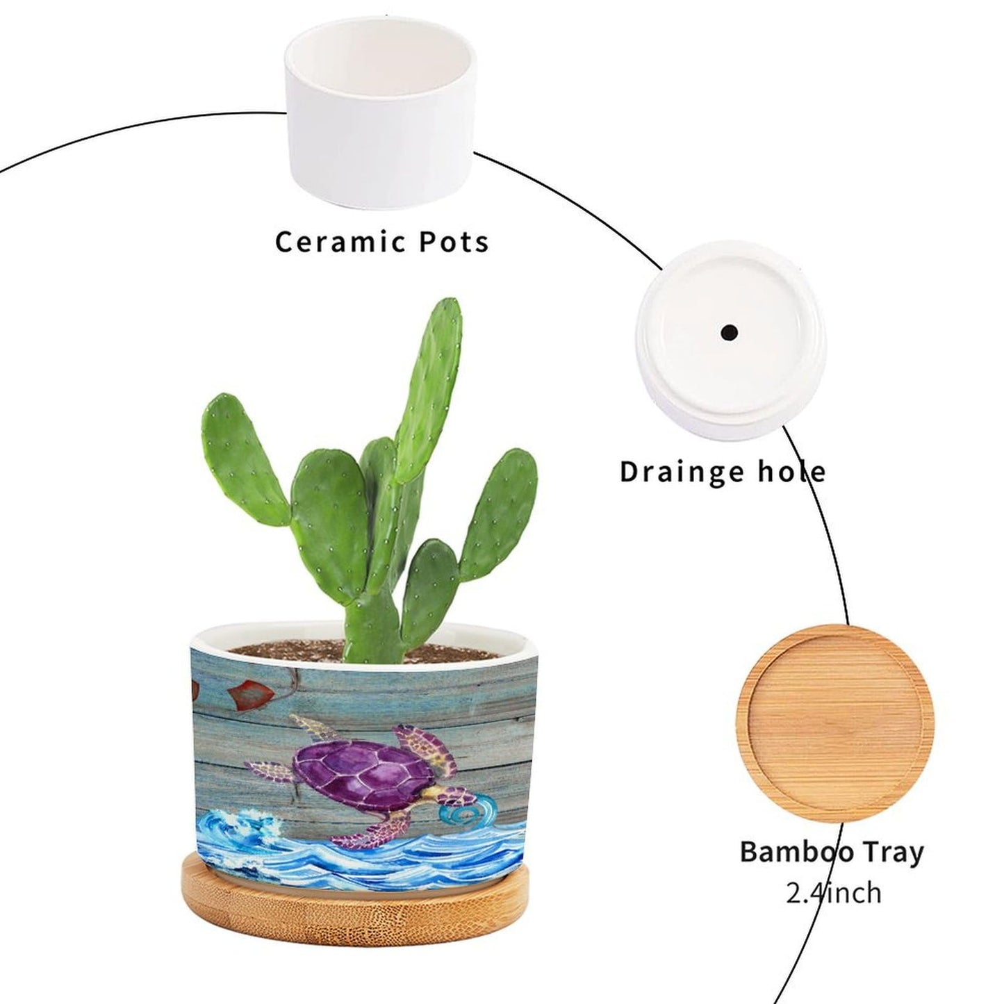 DreamAutumn Ocean Theme Sea Turtle Planter Ceramic Round Plant Pots with Drainage Holes and Bamboo Tray Planting Small Flower Pots for Home Windowsill Desk Garden Indoor Outdoor Use