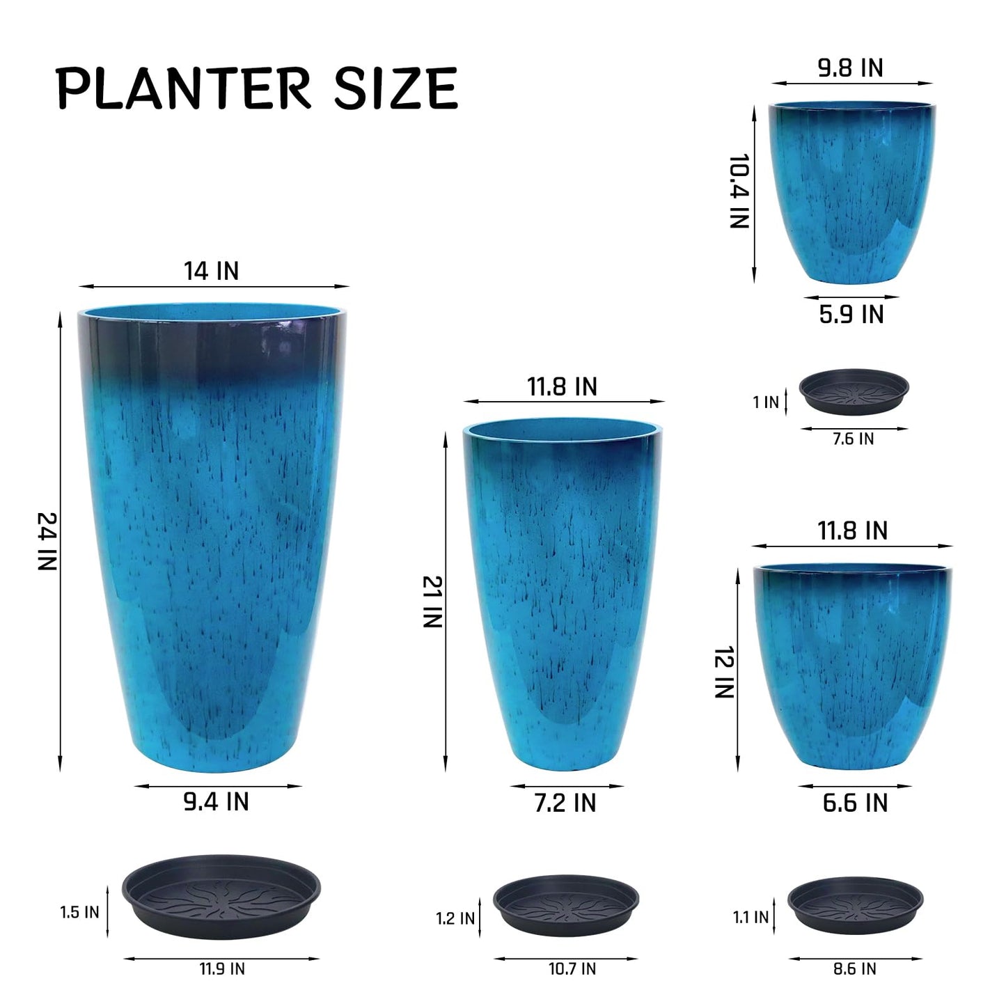 ZMTECH 24/21/12/10" H Large Plastic Planters with Drainage Hole & Saucer, Set of 4 Tall Plant Pots for Indoor/Outdoor Use, Gradient Blue Glossy Smooth Flower Pot for Front Porch Patio Garden