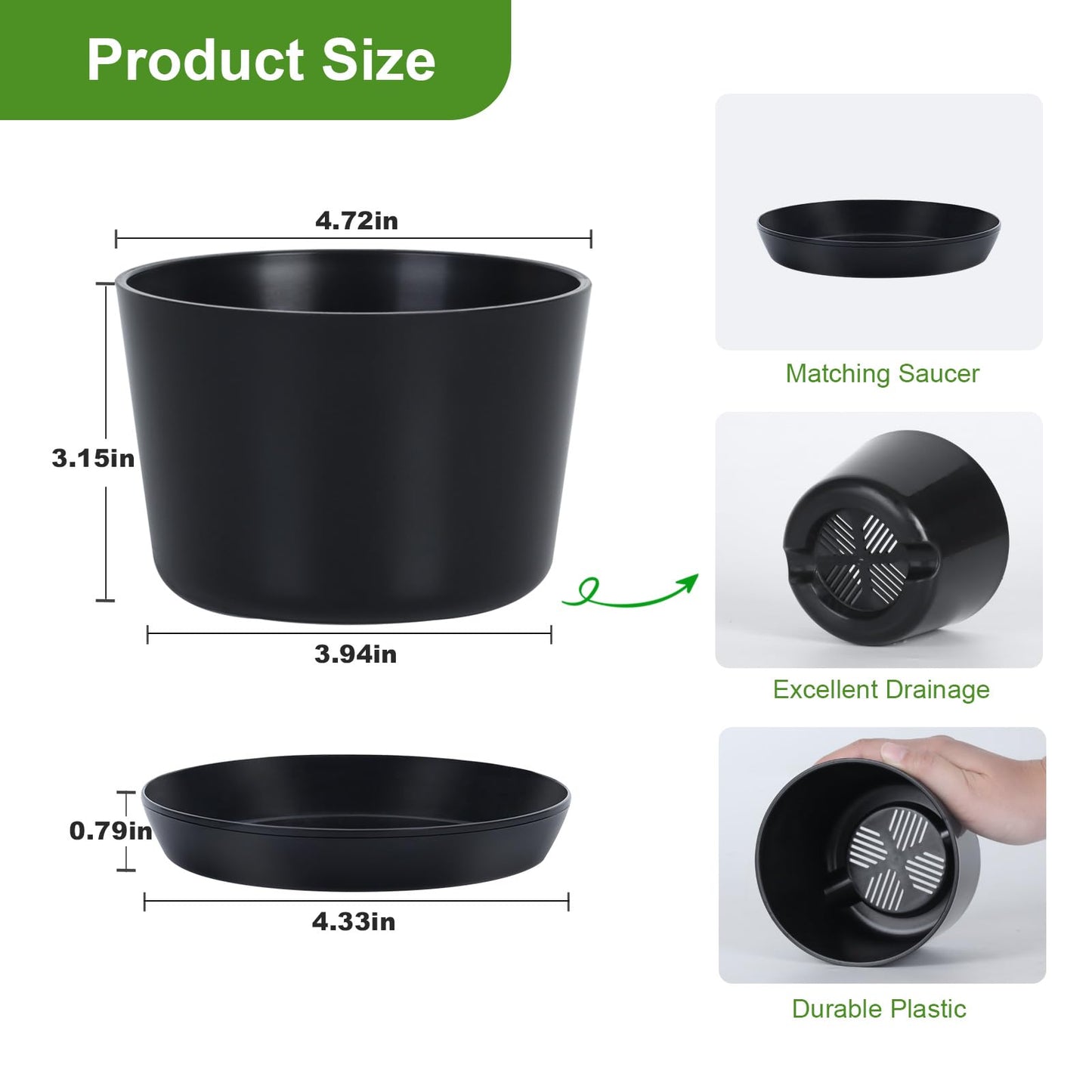 Oliz 4.7 Inch Plastic Plant Pots 8 Pack, Round Classic Planters with Drainage Holes and Saucers for Indoor Outdoor Plants, Perfect for African Violet, Snake Plant, Succulents (Black)