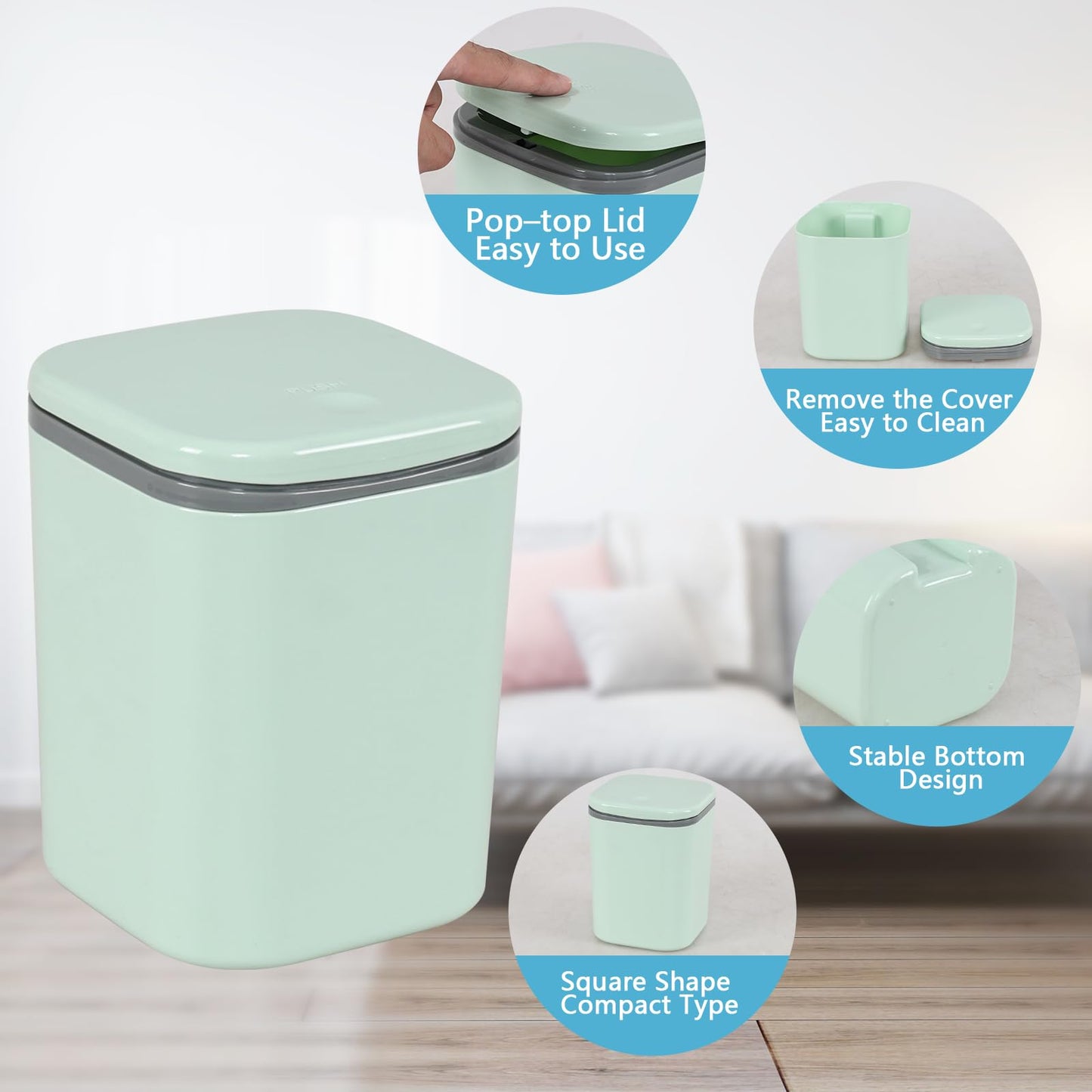 Feicanhao Mini Desk Trash Can with Lid, 0.5 Gallon/2 L Press-Top Tiny Countertop Waste Basket, Green
