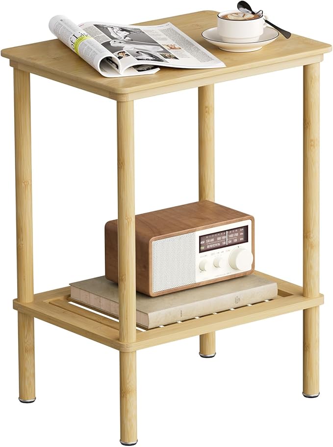 2 Tier Bamboo End Table, Narrow Side Table