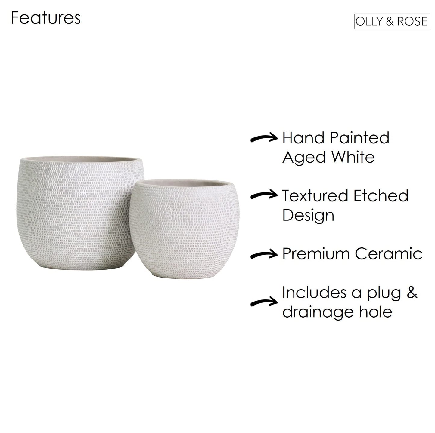 Olly & Rose Barcelona Ceramic Plant Pot Set 2 - White Flower Pots - Indoor & Outdoor Planters (White)
