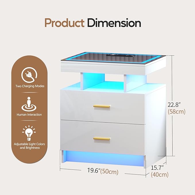 LED Nightstand with Wireless Charging Station, Glass Top Smart Bedside Table