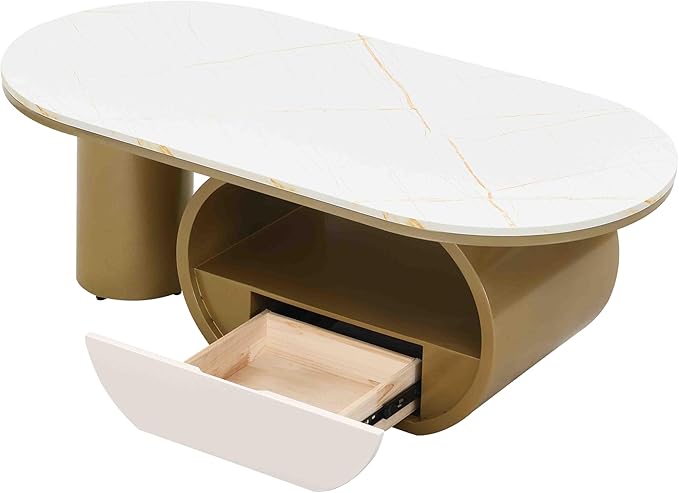 Modern Oval Coffee Table, 47.24" White Faux Marble Coffee Table