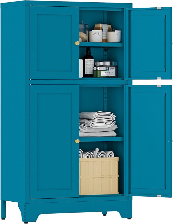 YAUWOH Blue Bathroom Floor Cabinet, Metal Storage Cabinet