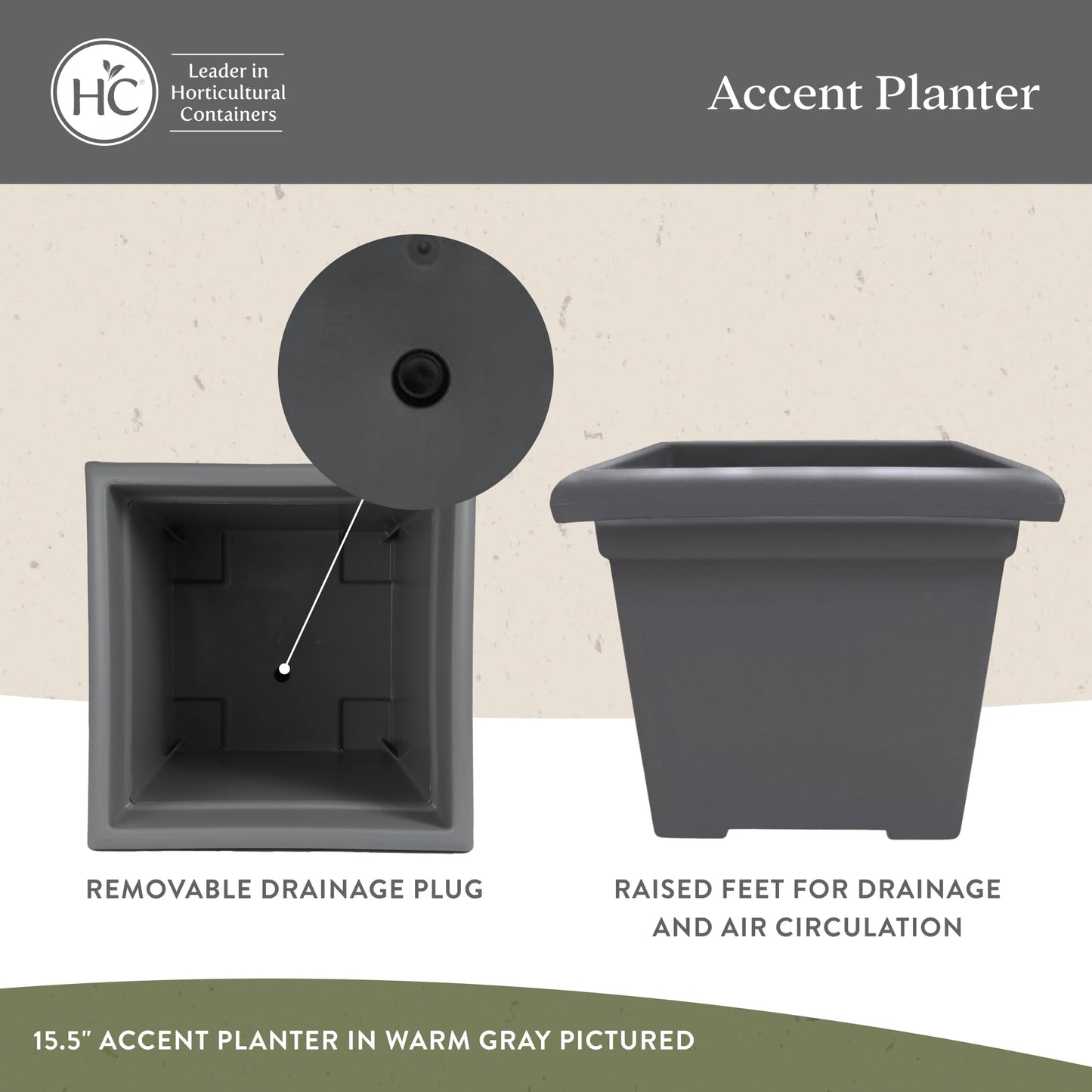 The HC Companies 15.5 Inch Accent Square Plant Pots with Drainage, Lightweight UV-Resistant Plastic Planters for Indoor & Outdoor Plants, 2-Pack Flower Pots for Garden, Office & Home Decor, Chocolate