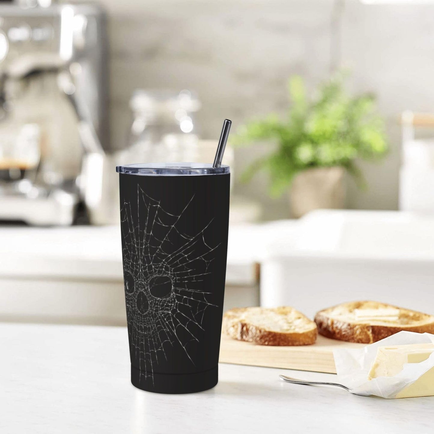 FEYAMYUN Spider Web Skull 20oz Tumbler, Halloween Spider Web Steel Travel Coffee Mug with Lid Straw, Thermal Water Bottle Black White Double Wall Vacuum Insulated Coffee Cup for Hot and Cold Drinks