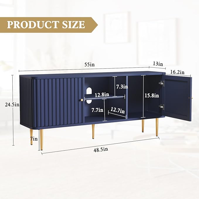 ARTPOWER 55” Fluted TV Stand, Mid Century Modern Blue TV Stand