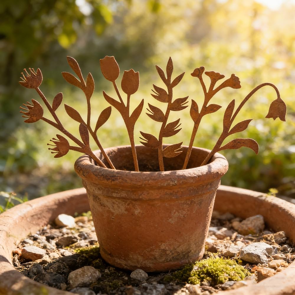 hogardeck Garden Decor for Outside, 6 Pcs Rusty Metal Flower Garden Stakes with Fern Leaf Design for Outdoor Yard Art, Rustic Plant Stakes for Flower Bed, Pot, Vase