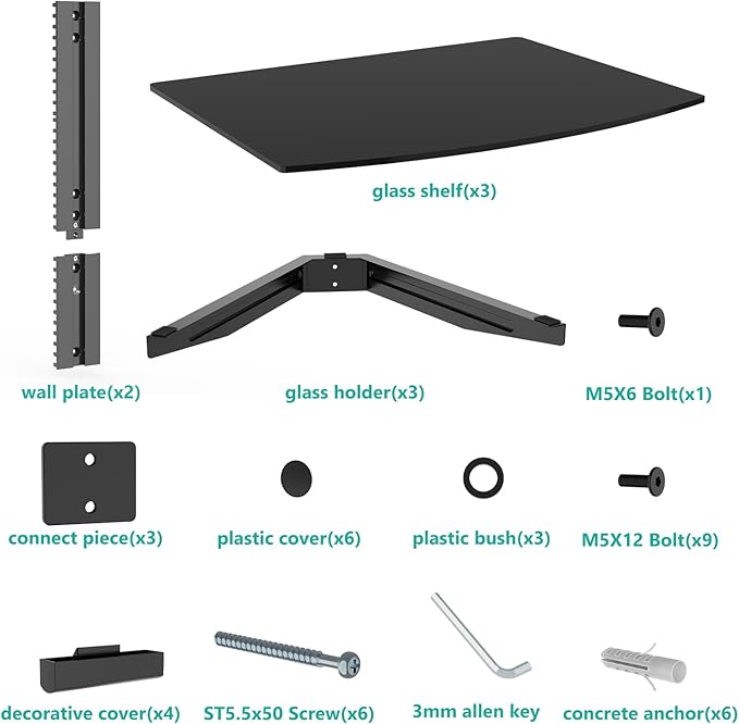 WALI Floating TV Shelf, 3 Tier Glass Projector Shelf