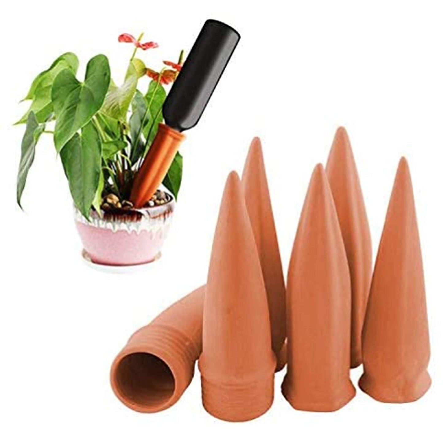 MorTime 6pcs Plant Watering Devices, Plant Waterer Self Watering Terracotta Spikes Automatically Water Your Indoor and Outdoor Plants While On Vacation