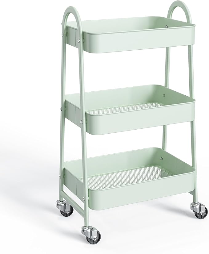 NEWBULIG 3-Tier Metal Rolling Storage Cart, Heavy Duty Mobile Utility Organizer Shelf with Lockable Wheels, Multifunctional Trolley for Daily Supplies, Home Indoor Daily Use, Green