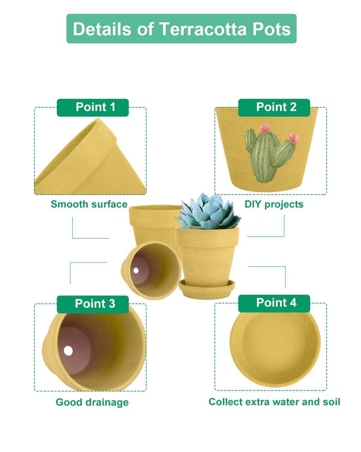 vensovo 4 Inch Small Yellow Terracotta Plant Pots with Saucer - 6 Pack Clay Flowerpots with Drainage, Great for Indoor Outdoor Plants, Crafts, Wedding Favor