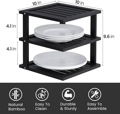 2 Pack Bamboo Corner Shelf,3 Tier Kitchen Cabinet Organizer for Plates and Dishes,Pantry Storage and Spice Rack（Black）