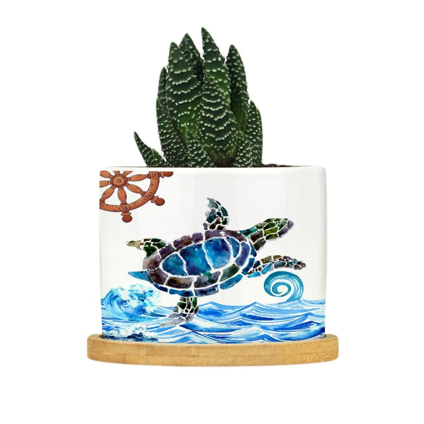 DreamAutumn Ocean Theme Sea Turtle Planter Ceramic Round Plant Pots with Drainage Holes and Bamboo Tray Planting Small Flower Pots for Home Windowsill Desk Garden Indoor Outdoor Use